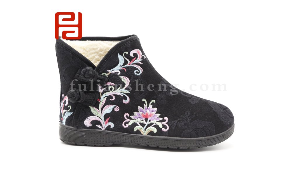 福连升老北京布鞋女冬季加绒保暖民族风绣花短靴图片